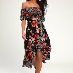 Danica Black Floral Print Smocked High-Low Maxi Dress Medium